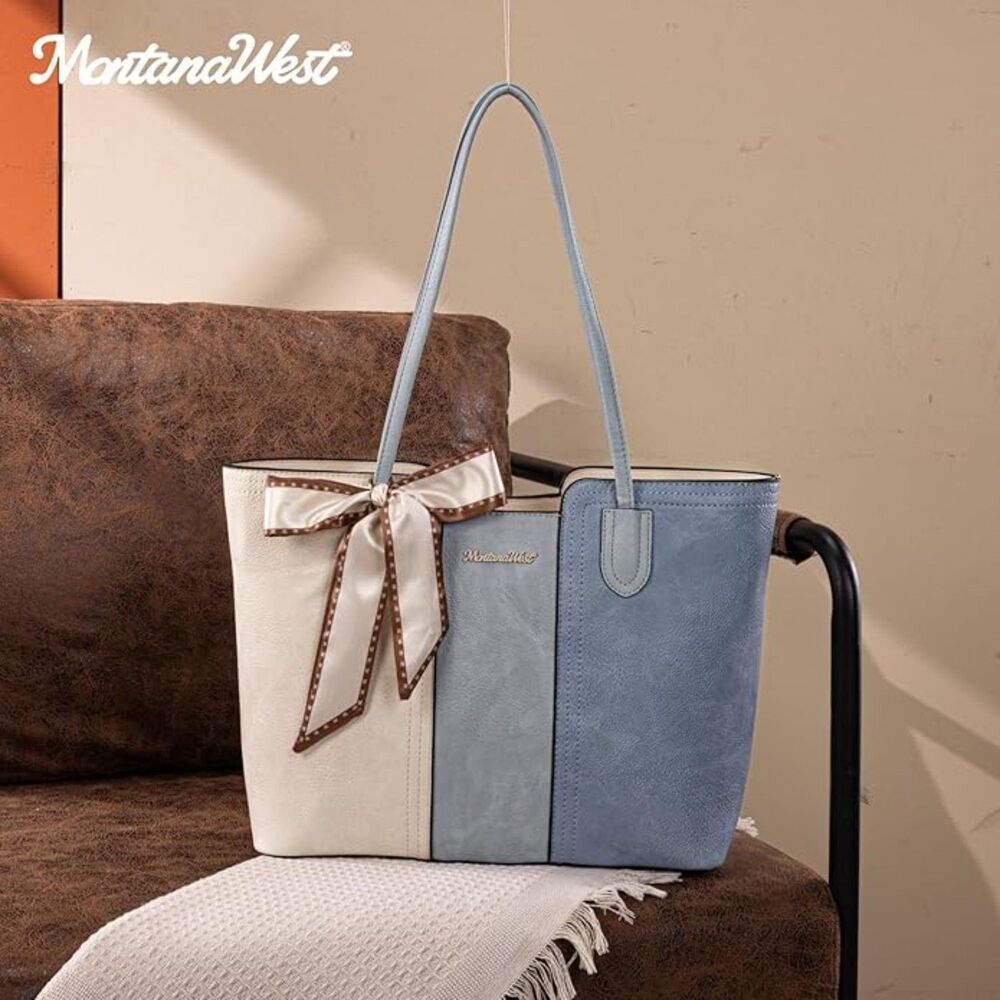 Women Beige Blue Imported Vegan Leather Top Handle Polyester Lining Tote Bag - Picture 2 of 4